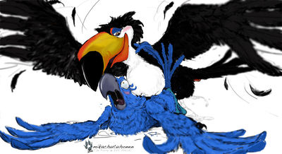 Rafael and Blu
art by mikachutuhonen
Keywords: cartoon;rio;avian;bird;parrot;toucan;blu;rafael;feral;male;M/M;from_behind;mikachutuhonen
