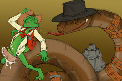 Rattlesnake Jake and Rango 1
art by darkpenguin
Keywords: cartoon;rango;lizard;chameleon;snake;rattlesnake;rattlesnake_jake;male;anthro;M/M;penis;hemipenis;cowgirl;anal;spooge;darkpenguin