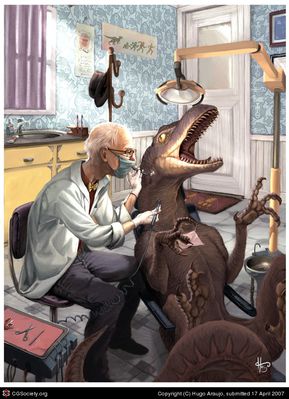 Raptor at the Dentist
art by anatomista
Keywords: dinosaur;theropod;raptor;deinonychus;feral;human;man;male;non-adult;anatomista