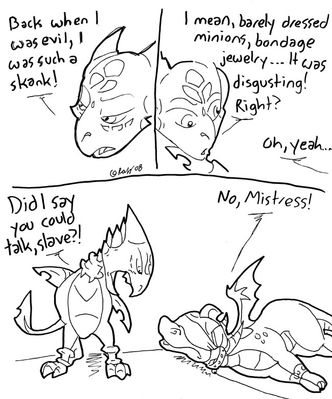 Cynder's Slave
art by razzek
Keywords: comic;videogame;spyro_the_dragon;spyro;cynder;dragon;dragoness;male;female;anthro;M/F;bondage;humor;razzek