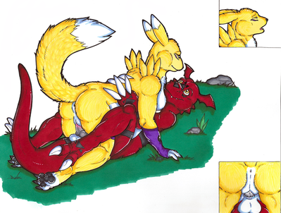 Guilmon Mating With Renamon
art by dudey101
Keywords: anime;digimon;dragon;furry;canine;fox;renamon;guilmon;male;female;anthro;breasts;M/F;penis;cowgirl;vaginal_penetration;closeup;spooge;dudey101