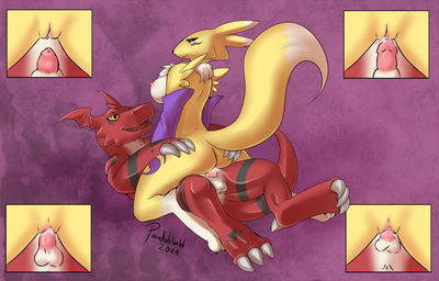 Guilmon and Renamon Mating
art by pandablubb
Keywords: anime;digimon;dragon;furry;canine;fox;renamon;guilmon;male;female;anthro;breasts;M/F;penis;vagina;cowgirl;vaginal_penetration;closeup;spooge;pandablubb