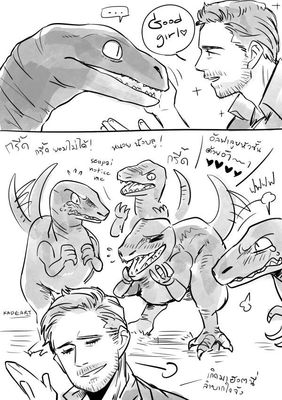 Senpai Noticed Me!
art by kadeart
Keywords: jurassic_world;dinosaur;theropod;raptor;deinonychus;blue;charlie;delta;echo;female;human;man;male;humor;kadeart