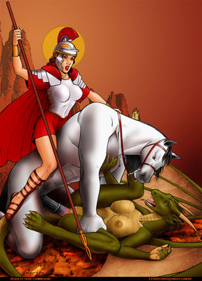 St. George and the Dragoness
art by extro
Keywords: dragoness;furry;equine;horse;human;woman;knight;male;female;anthro;breasts;M/F;penis;missionary;vaginal_penetration;extro