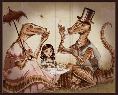 Tea For Three
art by ChibiMaryn
Keywords: dinosaur;theropod;raptor;velociraptor;anthro;human;male;female;humor;non-adult