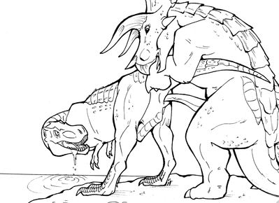 Triceratops and Rex Mating
art by blaquetygriss
Keywords: dinosaur;theropod;tyrannosaurus_rex;trex;ceratopsid;triceratops;male;female;feral;M/F;penis;from_behind;cloacal_penetration;blaquetygriss