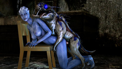 Varren Partner
art by sfmarvel
Keywords: beast;videogame;mass_effect;varren;male;feral;alien;woman;female;M/F;penis;from_behind;cgi;sfmarvel