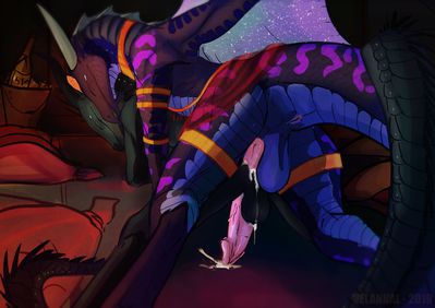Amorous Nightwings 2 (Wings_of_Fire)
art by velannal
Keywords: wings_of_fire;nightwing;icewing;seawing;hybrid;dragon;male;anthro;M/M;penis;from_behind;anal;spooge;velannal
