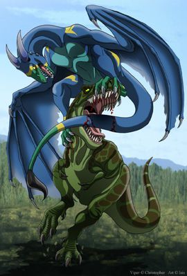 Viper Takes on Rex
art by isismasshiro
Keywords: dragon;wyvern;dinosaur;theropod;tyrannosaurus_rex;trex;feral;non-adult;isismasshiro