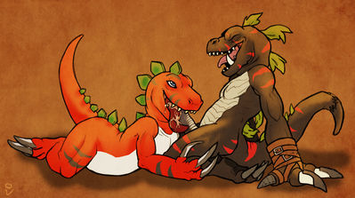 Tyrannomon x Darktyrannomon
art by volvo
Keywords: anime;digimon;dinosaur;theropod;tyrannosaurus_rex;trex;tyrannomon;darktyrannomon;male;anthro;M/M;penis;oral;spooge;volvo