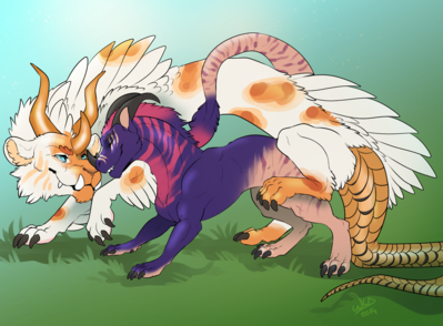 Midsummer Mating
art by WanderlustDragon
Keywords: eastern_dragon;dragon;dragoness;furry;hybrid;male;female;feral;M/F;from_behind;suggestive;WanderlustDragon