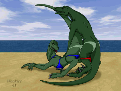 Raptors Having Sex on the Beach 1
art by wookiee
Keywords: dinosaur;theropod;raptor;male;female;anthro;breasts;M/F;from_behind;beach;wookiee