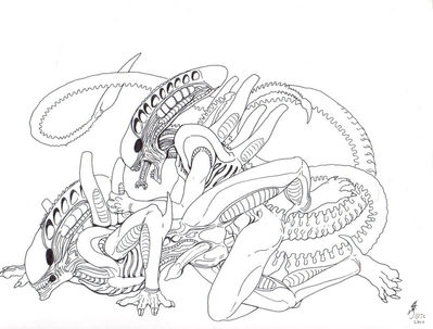 Mating Xenomorphs
art by tina_leyk
Keywords: alien;xenomorph;anthro;male;M/M;penis;from_behind;anal;tina_leyk