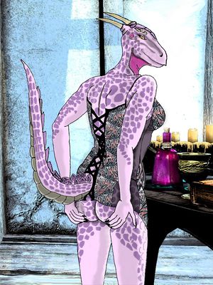 art by lokidragon
Keywords: videogame;skyrim;reptile;argonian;female;anthro;breasts;solo;lokidragon