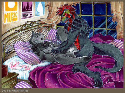 A Manly Sleepover
art by noha
Keywords: videogame;skyrim;reptile;argonian;furry;canine;wolf;male;anthro;M/M;missionary;anal;ejaculation;orgasm;spooge;noha
