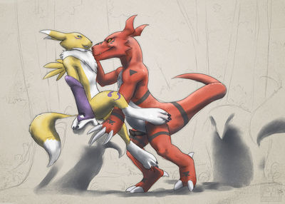 Renamon and Guilmon
art by abanob
Keywords: anime;digimon;dragon;guilmon;furry;canine;fox;renamon;male;female;anthro;M/F;penis;suggestive;abanob