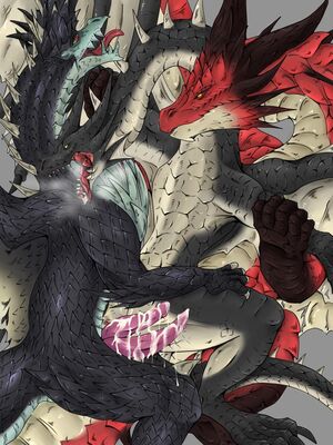 Alatreon x Safi-jiiva x Fatalis
art by abyss_kiryu
Keywords: videogame;monster_hunter;alatreon;safi-jiiva;fatalis;dragon;male;feral;M/M;threeway;penis;hemipenis;missionary;anal;spooge;abyss_kiryu