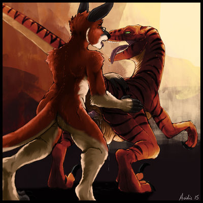 Roo on Raptor Action
art by acidic
Keywords: dinosaur;theropod;raptor;deinonychus;feral;furry;kangaroo;anthro;male;female;M/F;from_behind;penis;vaginal_penetration;spooge;acidic