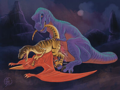 Beast Wars Threeway
art by aerosaur83
Keywords: cartoon;beast_wars;dinosaur;theropod;raptor;tyrannosaurus_rex;trex;pterodactyl;dinobot;megatron;terrorsaur;male;feral;M/M;threeway;penis;from_behind;anal;spooge;aerosaur83