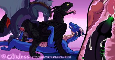 Femmy Toothless Threeway
art by airless
Keywords: how_to_train_your_dragon;httyd;night_fury;toothless;dragon;dragoness;male;female;feral;M/F;threeway;penis;from_behind;cowgirl;vaginal_penetration;anal;double_penetration;internal;spooge;airless
