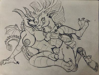 Good Times
art by airplanefur
Keywords: dragoness;furry;cervine;deer;robot;hybrid;male;female;anthro;breasts;M/F;penis;spoons;vaginal_penetration;airplanefur