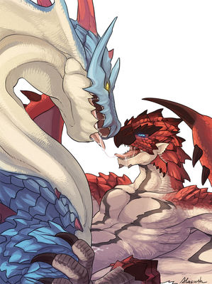 Lagiacrus and Rathalos 2
art by alasurth
Keywords: videogame;monster_hunter;dragon;wyvern;lagiacrus;rathalos;male;feral;M/M;suggestive;spooge;alasurth