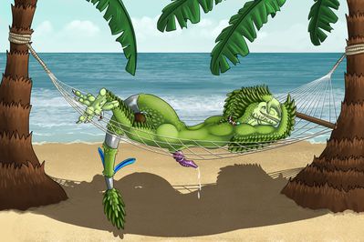 Raptor Hammock
art by altairxxx
Keywords: dinosaur;theropod;raptor;deinonychus;male;anthro;solo;penis;spooge;beach;altairxxx