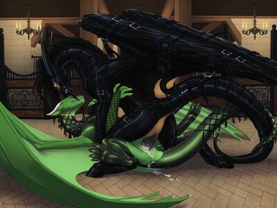 Evening in the Stables
art by ammylin
Keywords: dragon;dragoness;male;female;feral;M/F;bondage;penis;missionary;vaginal_penetration;spooge;ammylin