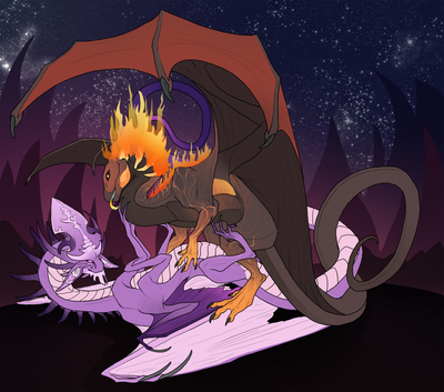 Archanist and Flamecaller Mating
art by amorazeckel
Keywords: flight_rising;archanist_dragon;flamecaller_dragon;dragon;dragoness;male;female;feral;M/F;missionary;amorazeckel