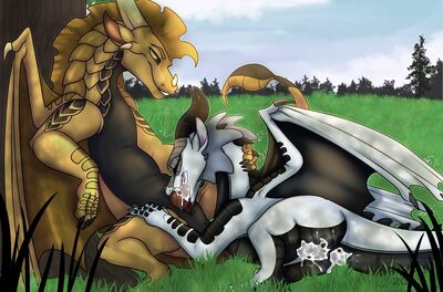 Under A Tree (Wings_of_Fire)
art by amy-past
Keywords: wings_of_fire;sandwing;rainwing;dragon;dragoness;male;female;feral;M/F;penis;vagina;oral;spooge;amy-past