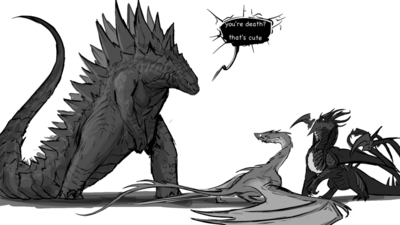 And In Walked Godzilla
art by tapwing
Keywords: godzilla;gojira;videogame;world_of_warcraft;deathwing;dragon;lord_of_the_rings;lotr;smaug;wyvern;feral;non-adult;humor;tapwing