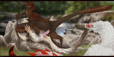 Utahraptors Mating
art by andr0meda
Keywords: dinosaur;theropod;raptor;utahraptor;male;female;feral;M/F;penis;cowgirl;suggestive;andr0meda