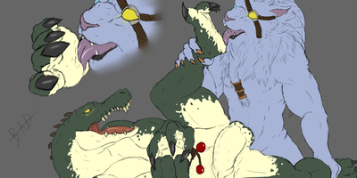 Rengar and Renekton
art by anthroraptor
Keywords: videogame;league_of_legends;crocodilian;crocodile;furry;feline;lion;renekton;rengar;male;anthro;M/M;penis;missionary;anal;anthroraptor