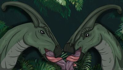 Enough For Two
art by antlered
Keywords: dinosaur;hadrosaur;parasaurolophus;male;feral;penis;hemipenis;oral;antlered
