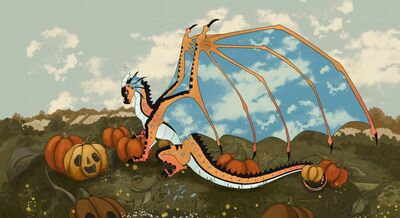 Rainwing's First Halloween (Wings_of_Fire)
art by aomamesbeast
Keywords: wings_of_fire;rainwing;dragon;feral;solo;holiday;non-adult;aomamesbeast