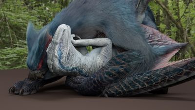 Blue and Cuga
art by asuros
Keywords: videogame;monster_hunter;jurassic_world;dinosaur;theropod;raptor;deinonychus;blue;dragon;wyvern;nargacuga;male;female;feral;M/F;missionary;suggestive;cgi;asuros