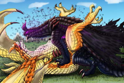 Frenzied
art by avezola
Keywords: videogame;monster_hunter;dragon;dragoness;wyvern;seregios;gore_magala;male;female;feral;M/F;missionary;suggestive;avezola