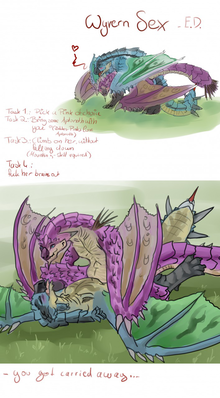 Wyvern Sex Education
art by avezola
Keywords: videogame;monster_hunter;dragon;dragoness;wyvern;rathalos;rathian;male;female;feral;M/F;from_behind;cowgirl;humor;avezola