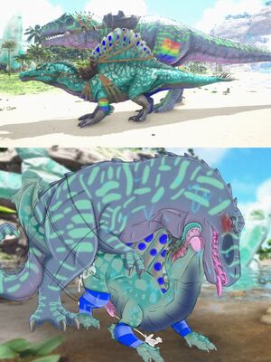 Spinosaurus and Giganotosaurus Having Sex
art by axl
Keywords: videogame;ark_survival_evolved;dinosaur;theropod;spinosaurus;giganotosaurus;male;feral;M/M;penis;from_behind;anal;orgasm;ejaculation;spooge;axl