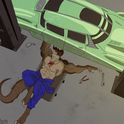 Deathclaw Mechanic
art by azuiden
Keywords: videogame;fallout;lizard;reptile;deathclaw;male;anthro;solo;non-adult;azuiden