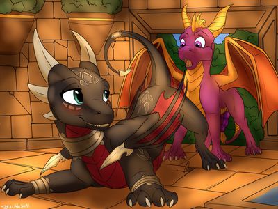 Cynder's Invitation 1
art by backlash91
Keywords: videogame;spyro_the_dragon;dragon;dragoness;spyro;cynder;male;female;anthro;M/F;presenting;suggestive;backlash91