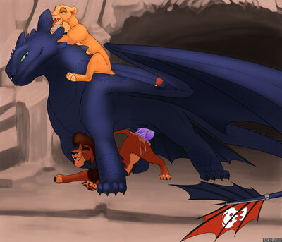 Toothless and Kovu
art by backlash91
Keywords: how_to_train_your_dragon;httyd;cartoon;the_lion_king;tlk;night_fury;dragon;furry;feline;lion;lioness;kiara;kovu;toothless;male;female;feral;M/M;penis;from_behind;anal;spooge;backlash91