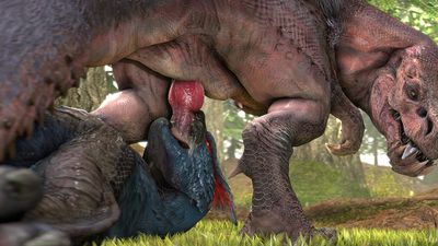 Nargacuga and Anjanath
art by barlu
Keywords: videogame;monster_hunter;dragon;wyvern;dinosaur;theropod;tyrannosaurus_rex;trex;nargacuga;anjanath;male;feral;M/M;penis;oral;spooge;cgi;barlu