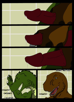 Buddy Buddy 17
art by nx-3000
Keywords: comic;dinosaur;theropod;raptor;crocodilian;alligator;male;anthro;M/M;penis;from_behind;masturbation;spooge;shower;nx-3000