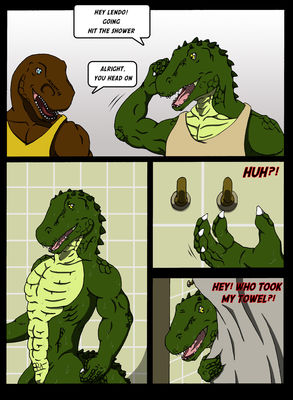 Buddy Buddy 4
art by nx-3000
Keywords: comic;dinosaur;theropod;raptor;crocodilian;alligator;male;anthro;M/M;suggestive;shower;nx-3000