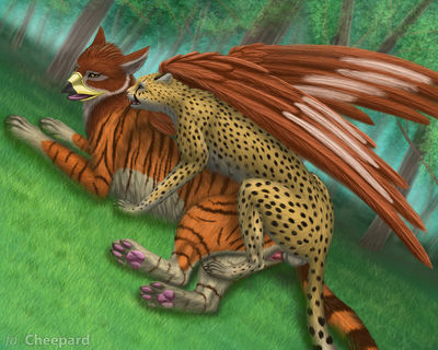 Cheetah Mounts A Gryphon
art by cheepard
Keywords: gryphon;furry;feline;cheetah;male;female;feral;M/F;penis;from_behind;vaginal_penetration;cheepard