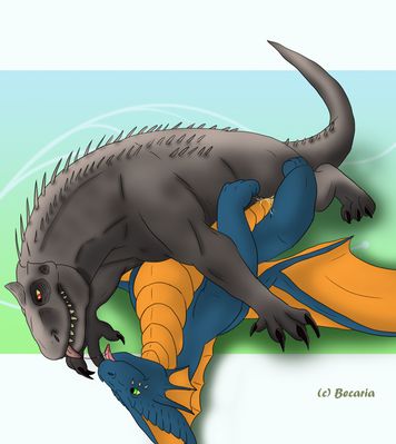 Dommed by Indominus
art by becaria
Keywords: jurassic_world;dragon;male;dinosaur;theropod;indominus_rex;female;feral;M/F;penis;cowgirl;spooge;becaria