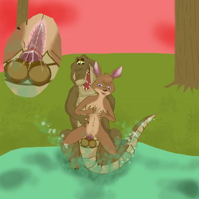 Louie and Matilda 1
art by beutelwolf
Keywords: cartoon;disney;the_princess_and_the_frog;crocodilian;alligator;louie;male;kangaroo;female;anthro;breasts;M/F;reverse_cowboy;penis;vaginal_penetration;internal;closeup;spooge;beutelwolf