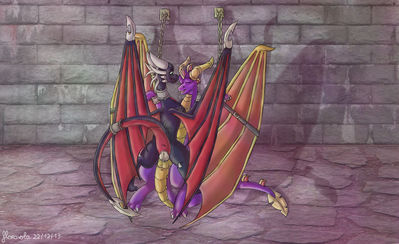 Binding A Legend
art by floravola
Keywords: videogame;spyro_the_dragon;cynder;spyro;dragon;dragoness;male;female;anthro;M/F;bondage;penis;cowgirl;vaginal_penetration;spooge;floravola