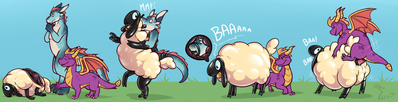 In Sheep's Clothing
art by binturongboy
Keywords: videogame;spyro_the_dragon;spyro;dragon;furry;sheep;fursuit;male;feral;anthro;M/M;penis;from_behind;anal;spooge;binturongboy